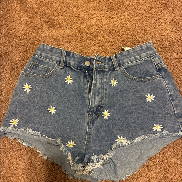 SHEIN Pants - SHEIN Blue Denim Shorts with Daisy Embroidery